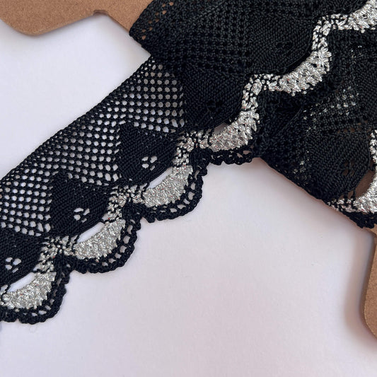 Scalloped Black & Silver Lace - 2.45m piece