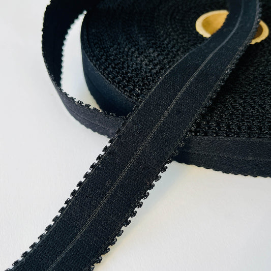 Close up of Strong Stretch Fold Over Picot lingerie Elastic (FOE) in Black