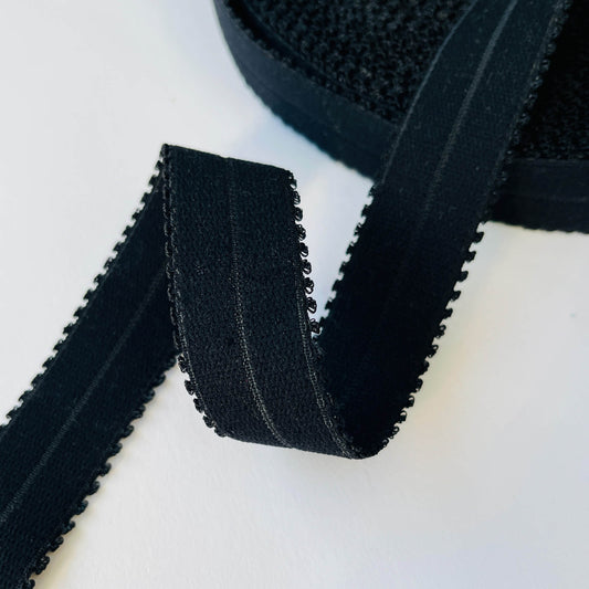 Close up of Strong Stretch Fold Over Picot lingerie Elastic (FOE) in Black, showing central fold line