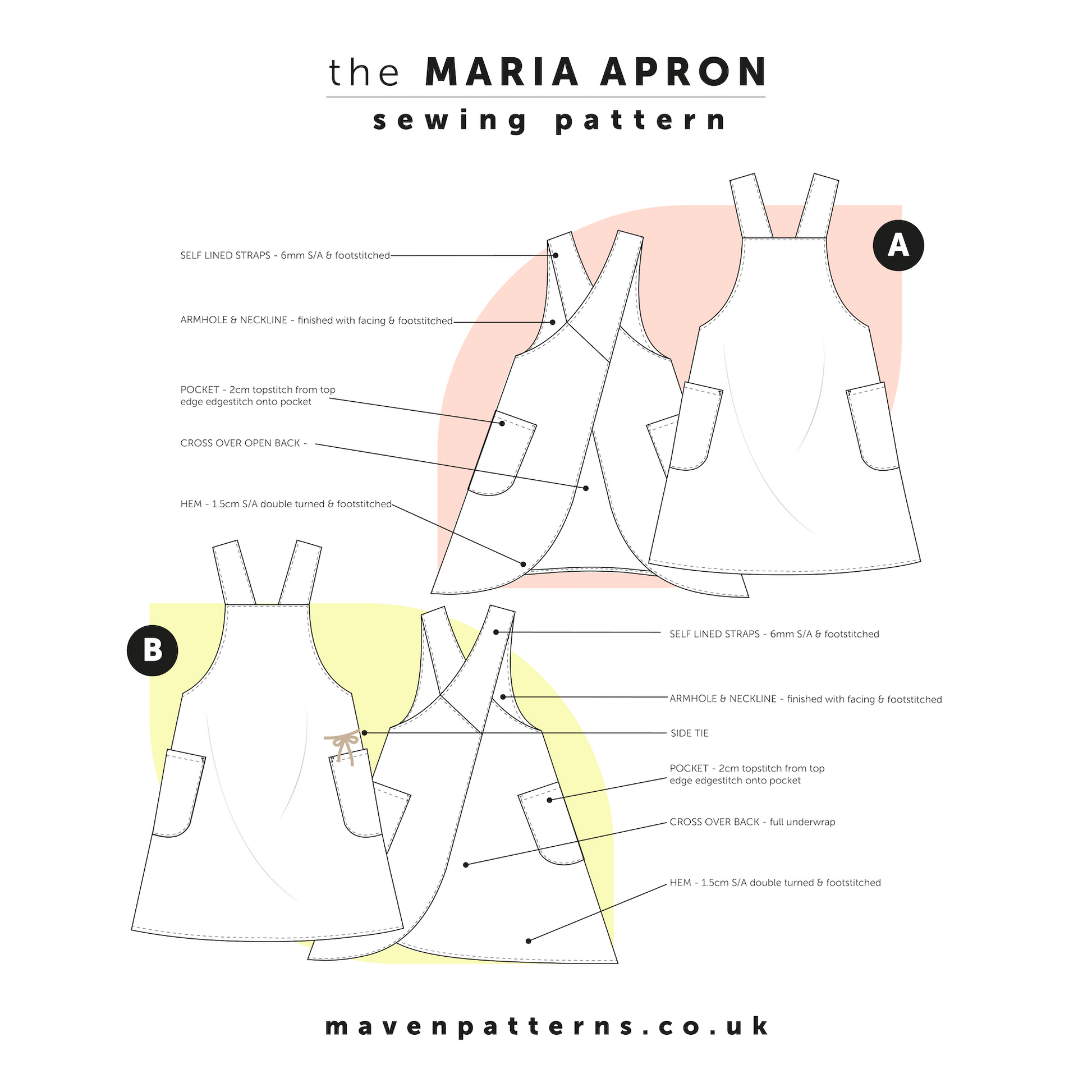 Sewing pattern diagram for a Maria Apron from Maven Patterns, showing front and back pattern layouts labeled A and B with measurement callouts on a white background.