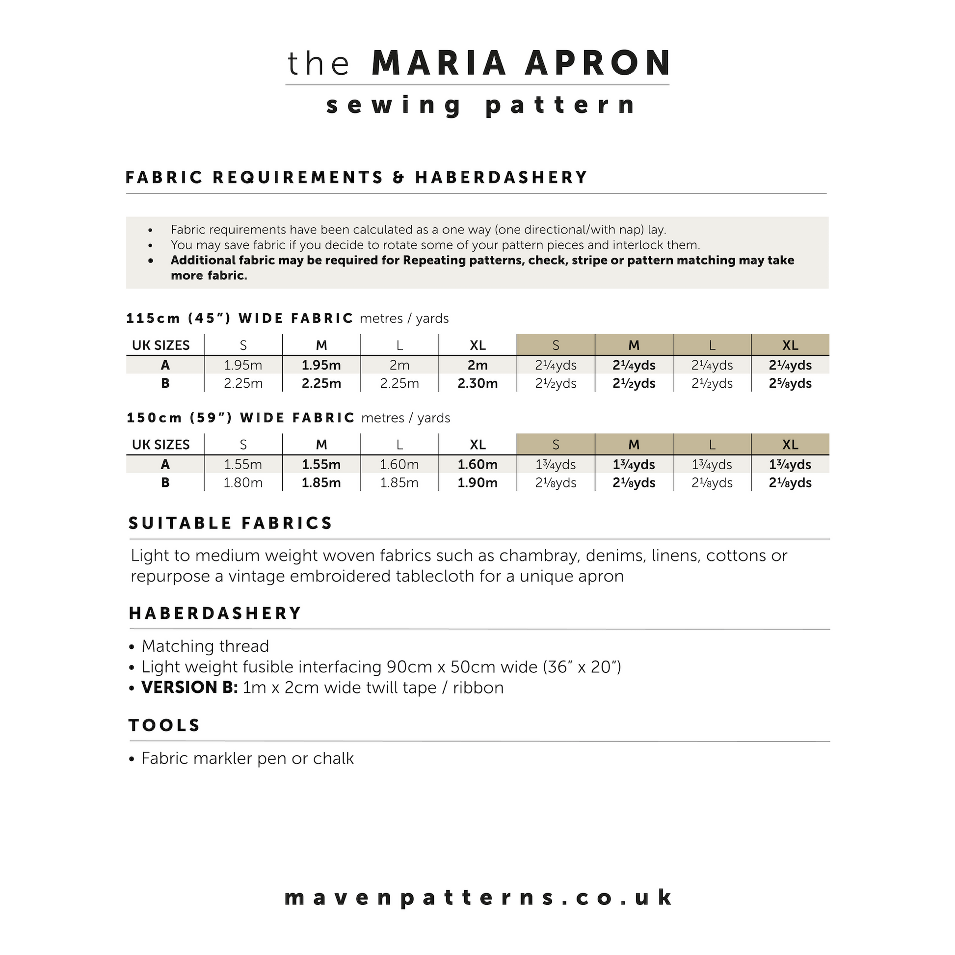 Fabric requirements for 'The Maria Apron Sewing Pattern' by mavenpatterns.co.uk