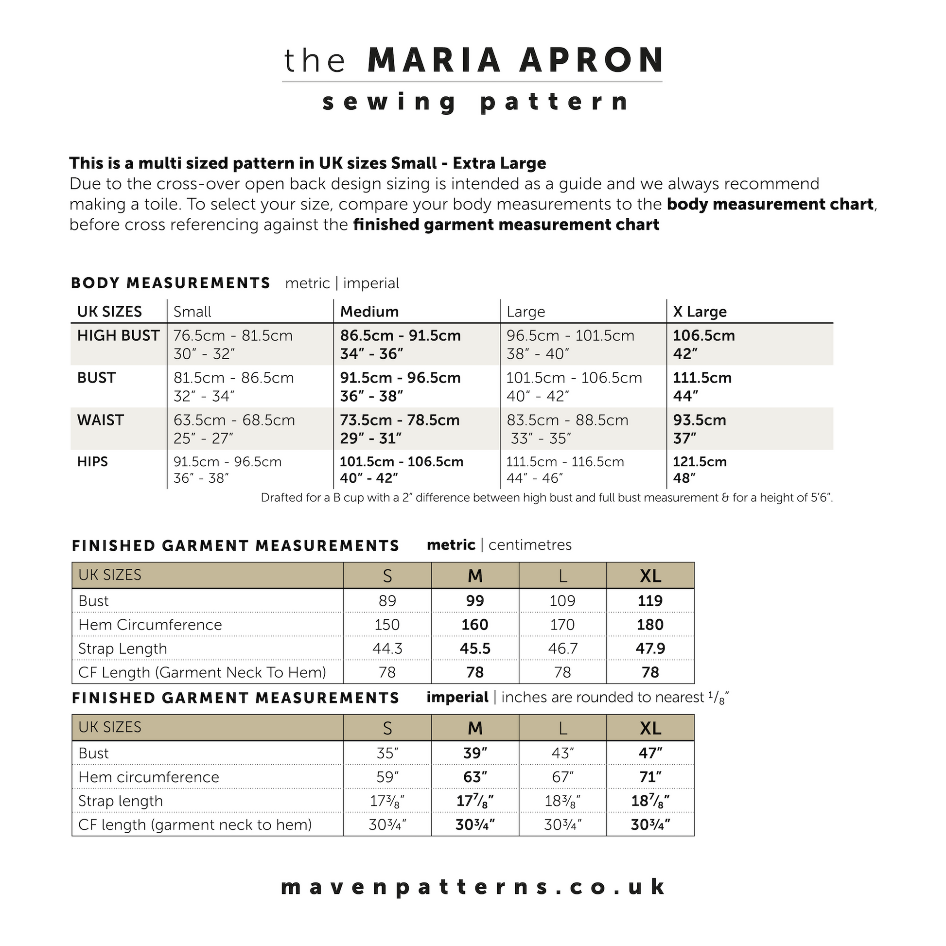 A sizing guide for the Maria Apron sewing pattern  with body measurement chart  and finished garment measurements for sizes 8-22 and UK sizes Small, Medium, and Large and Extra large
