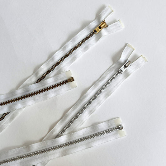 White YKK #4.5 Open End brass teeth Zip, 100cm length  YKK  jeans zip with gold and brass metal teeth and auto-lock puller -  Kleins Haberdashery