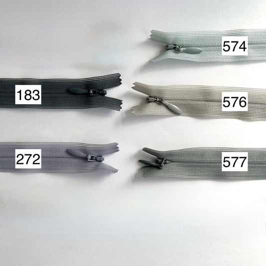 YKK Lightweight Invisible zip in grey shades - 66cm (26") length, Lightweight invisible, concealed zip with closed-end for dressmaking.