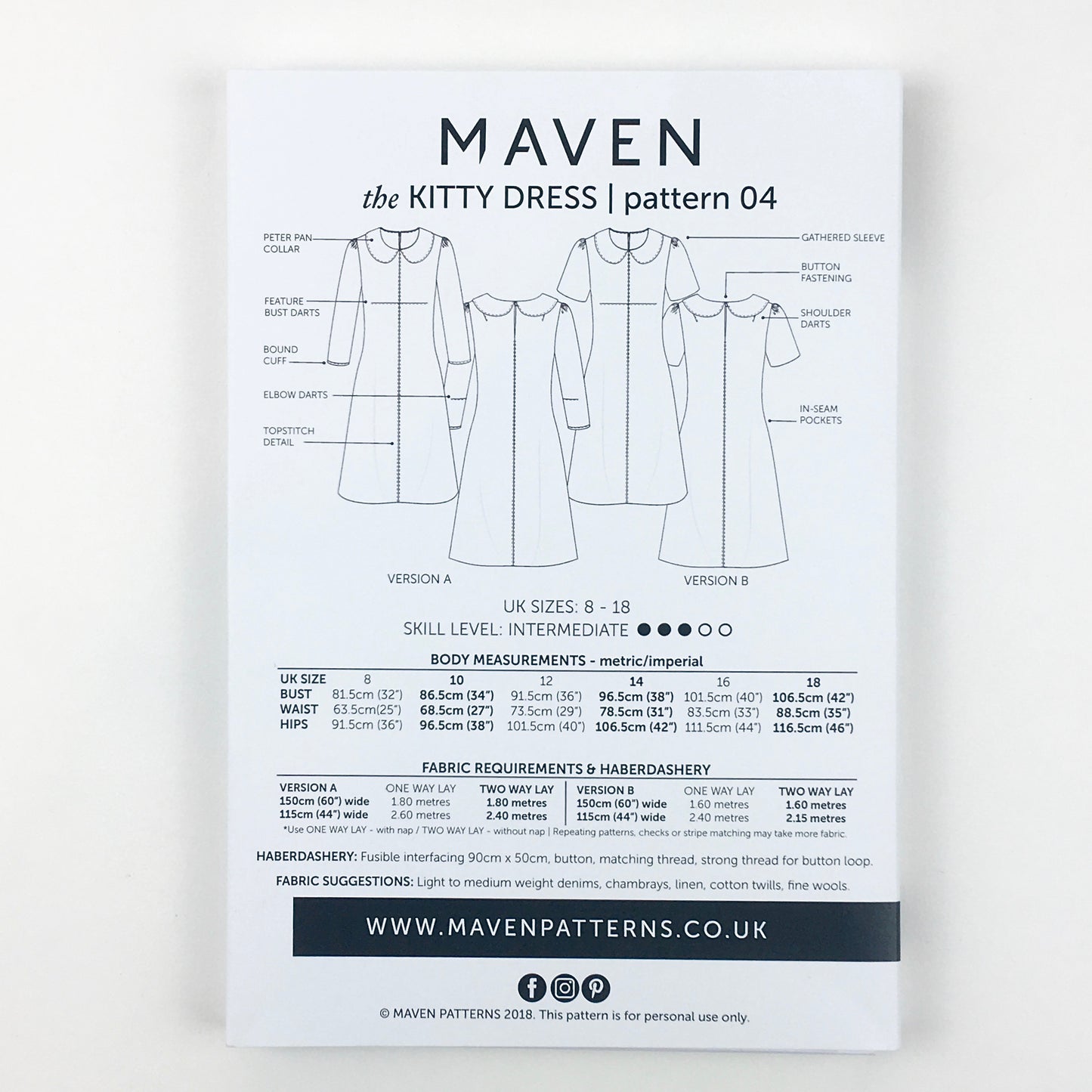 The Kitty Dress sewing pattern with a peter pan collar and long sleeve. Indie sewing patterns, contemporary and modern sewing patterns made in the UK.