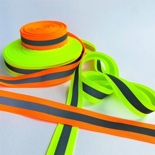 High Visibility Neon Fluorescent Sew On Reflective Grosgrain Ribbon