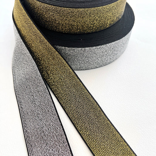 How fabulous are these lurex elastics? Perfect for adding a bit of sparkle and stretch to a waistband, cuff or elasticated belt. Can be worn directly against the skin as it is soft and non-scratchy on the reverse side.