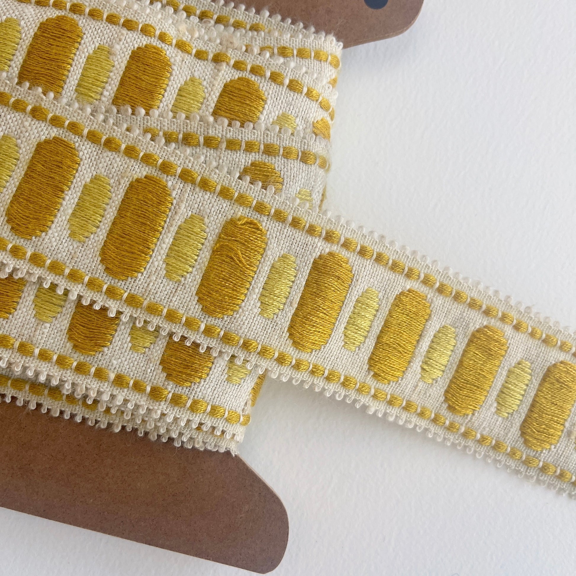 gold and mustard vintage, retro upholstery trim in made by Dralon - Bayer Fibre textile, manufactured in the 1970s.