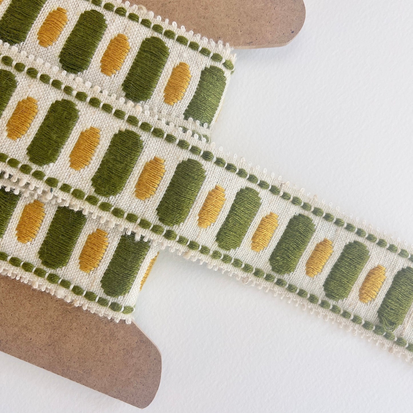olive and mustard Vintage, retro upholstery trim in made by Dralon - Bayer Fibre textile, manufactured in the 1970s.