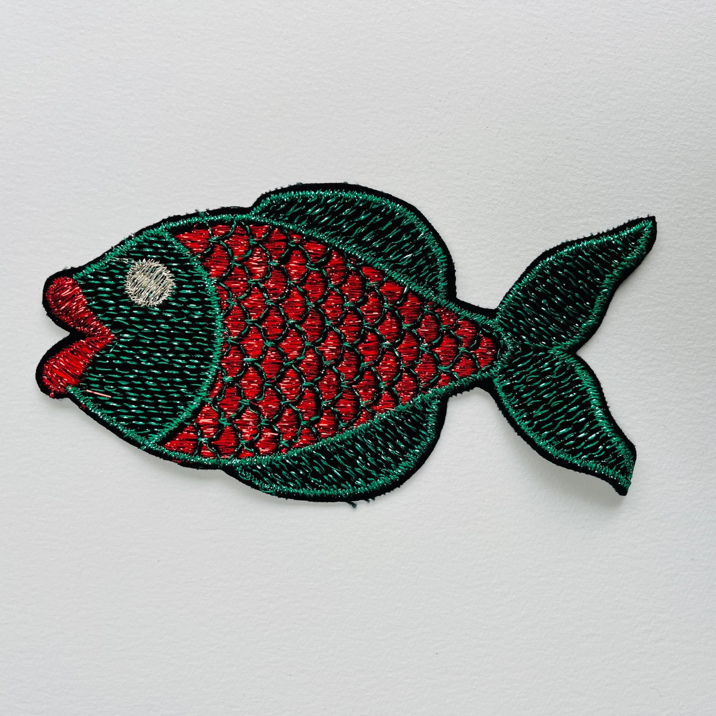 Large embroidered fish patch with metallic thread with red body and green tail
