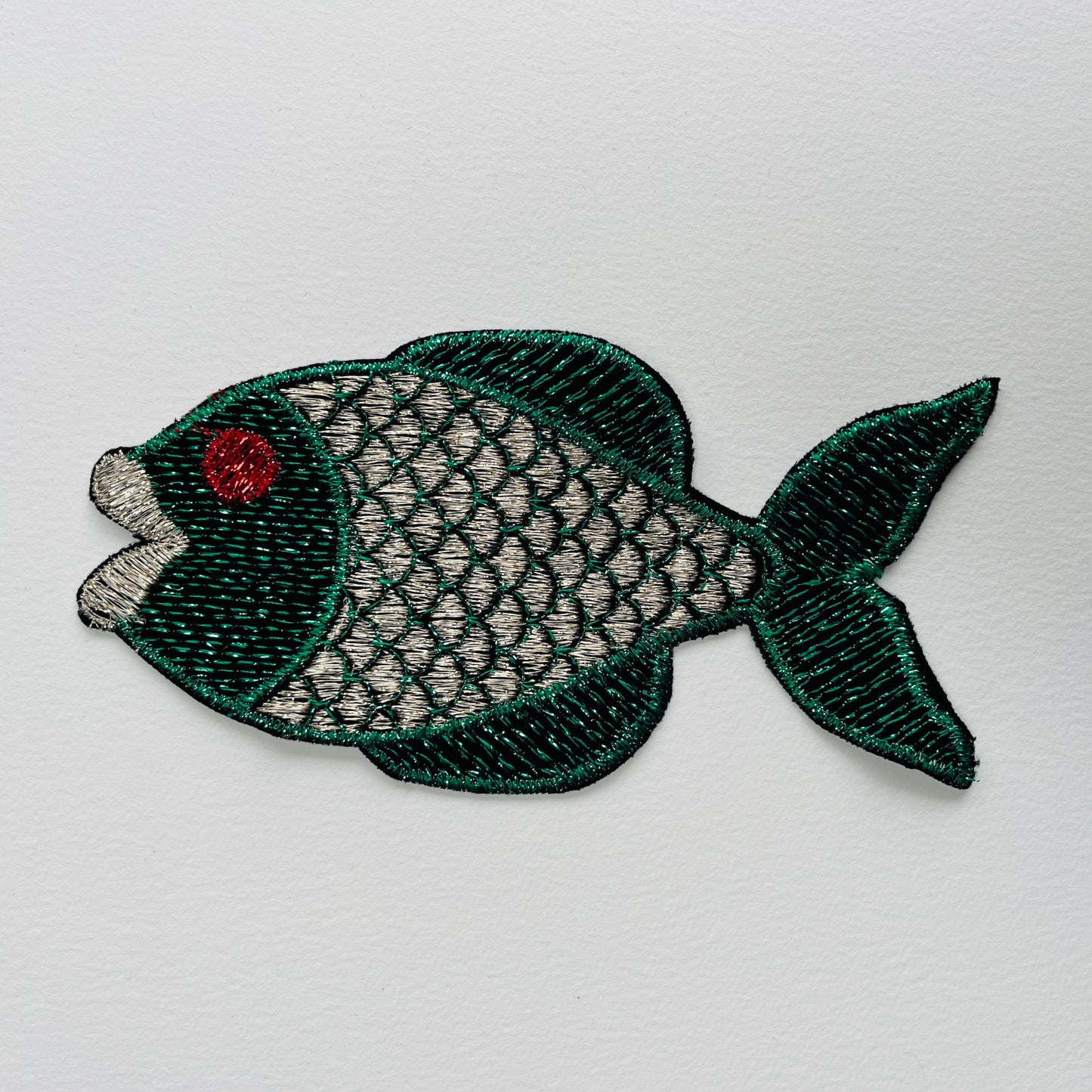 green and silver Large embroidered fish patch with metallic thread