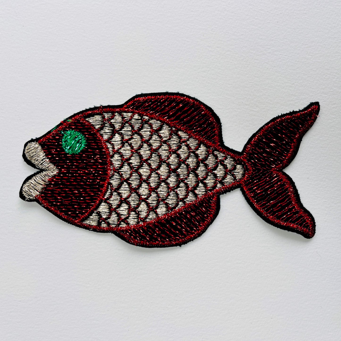 Large embroidered fish patch with metallic thread