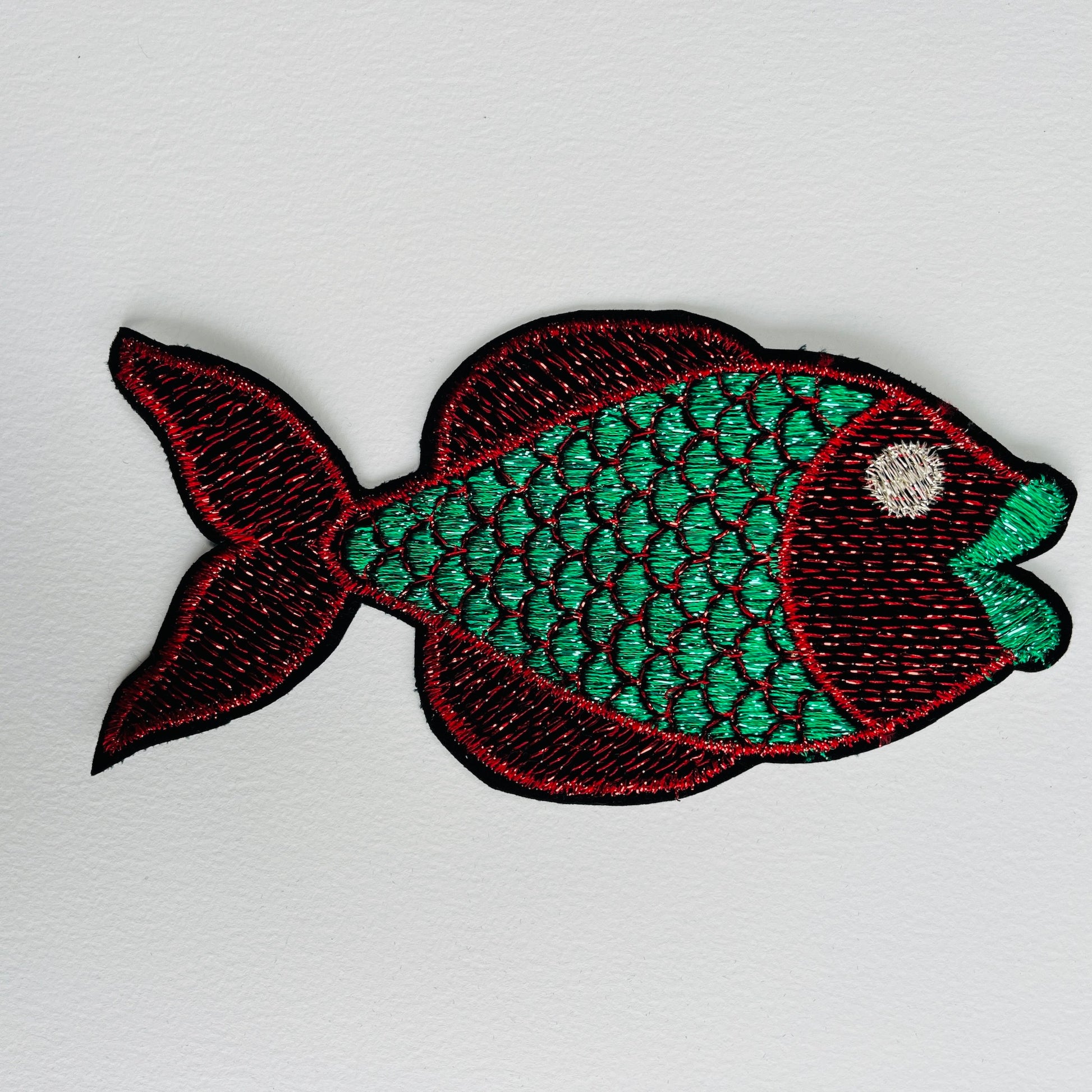 Large embroidered happy fish patch with metallic thread