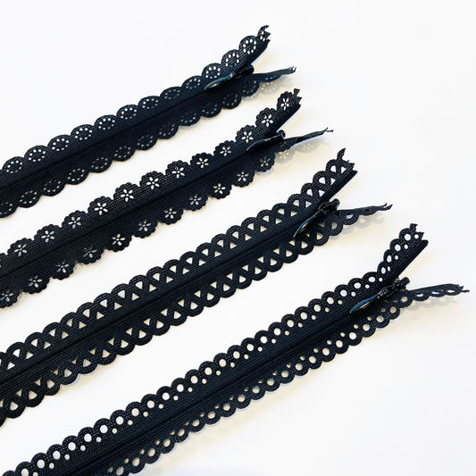 Lace Edged Invisible, Concealed zippers - 70cm long fancy dress zips, lightweight black invisible zips