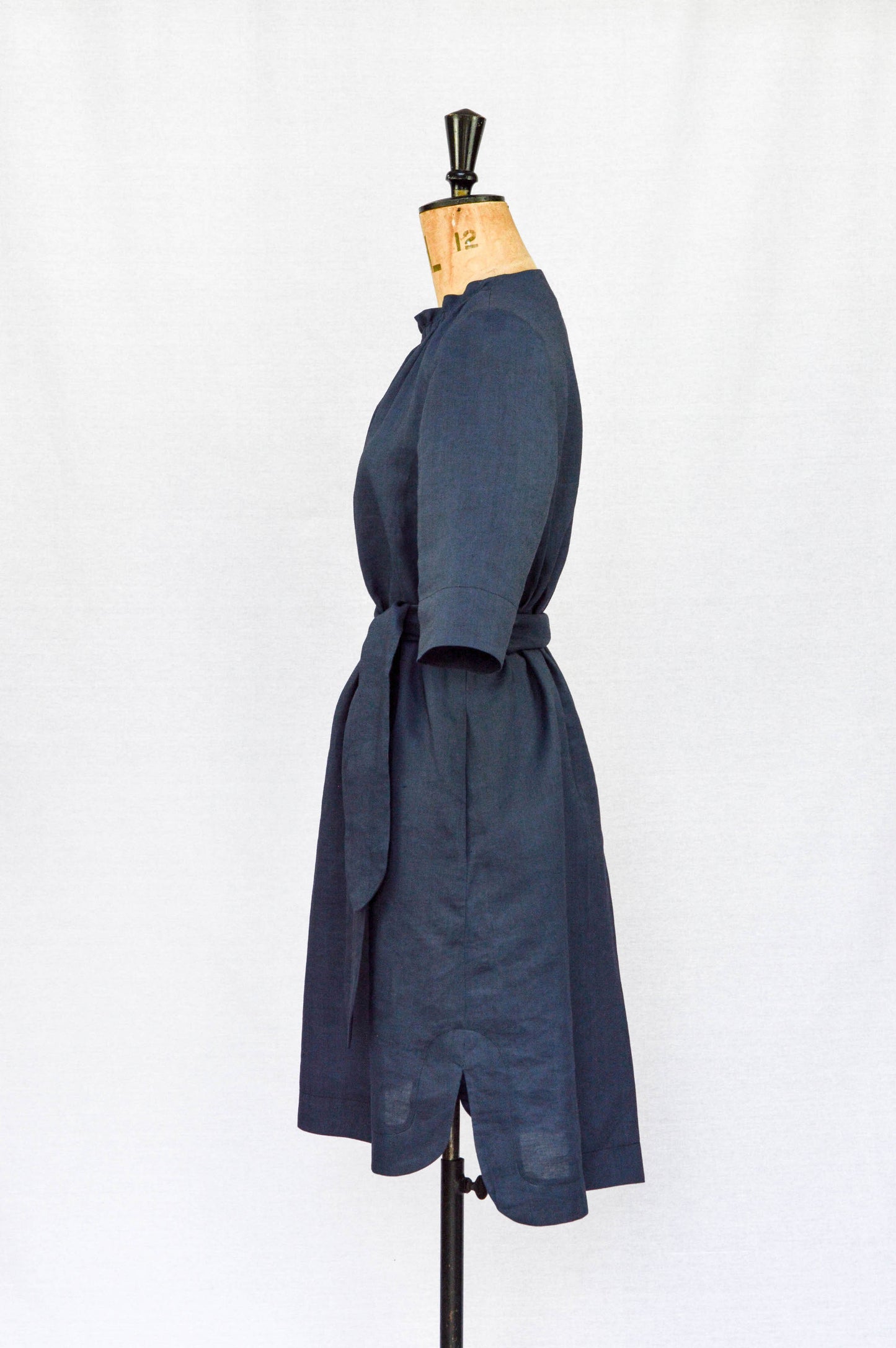 VERSION A | The Rochester Top is mid-hip length and great to wear with jeans. VERSION B | The Rochester Dress is knee length with a self-tie belt and in-seam pockets. Indie sewing patterns, contemporary and modern sewing patterns made in the UK. Navy  Linen dress