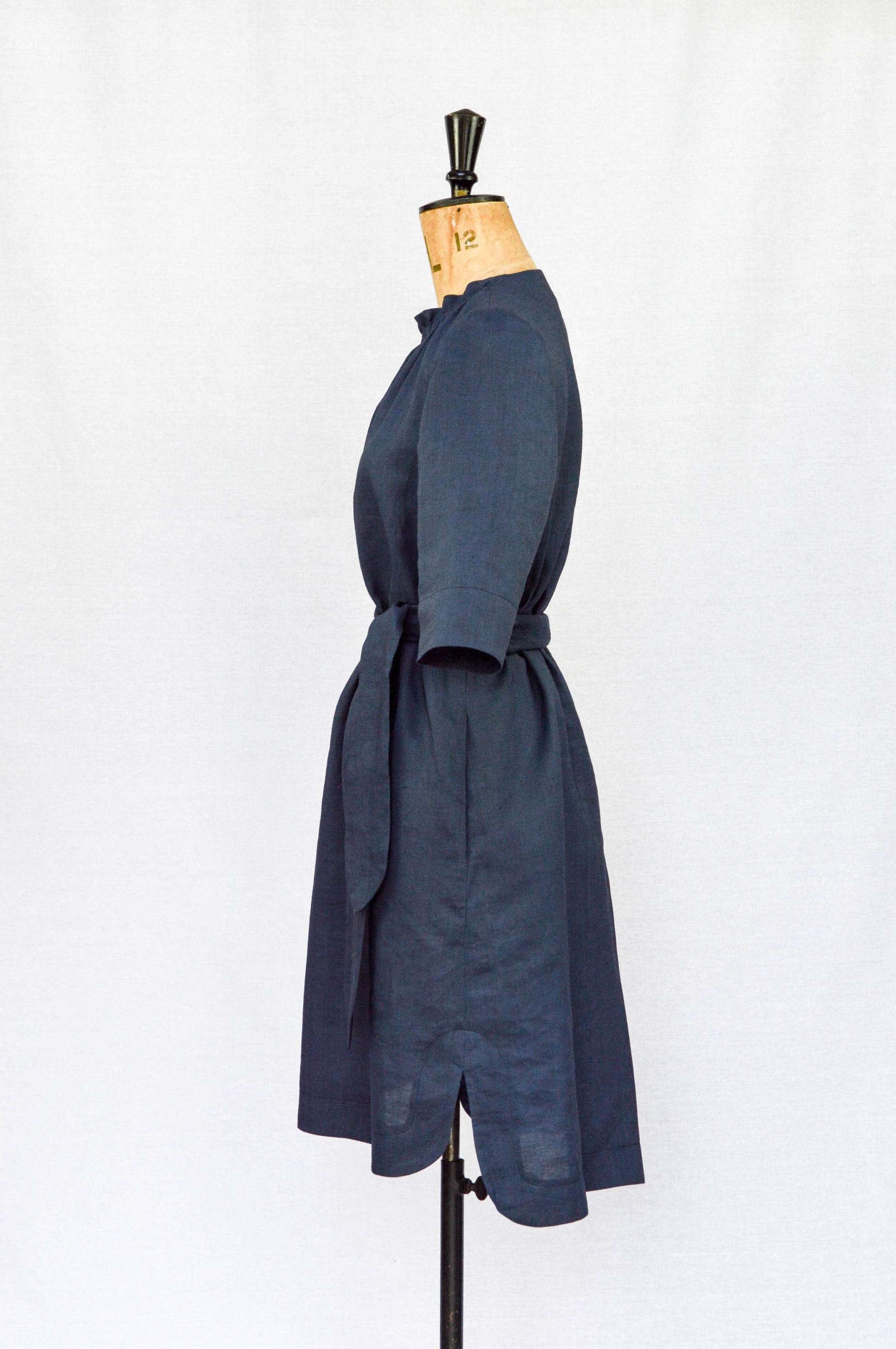 VERSION A | The Rochester Top is mid-hip length and great to wear with jeans. VERSION B | The Rochester Dress is knee length with a self-tie belt and in-seam pockets. Indie sewing patterns, contemporary and modern sewing patterns made in the UK. Navy  Linen dress