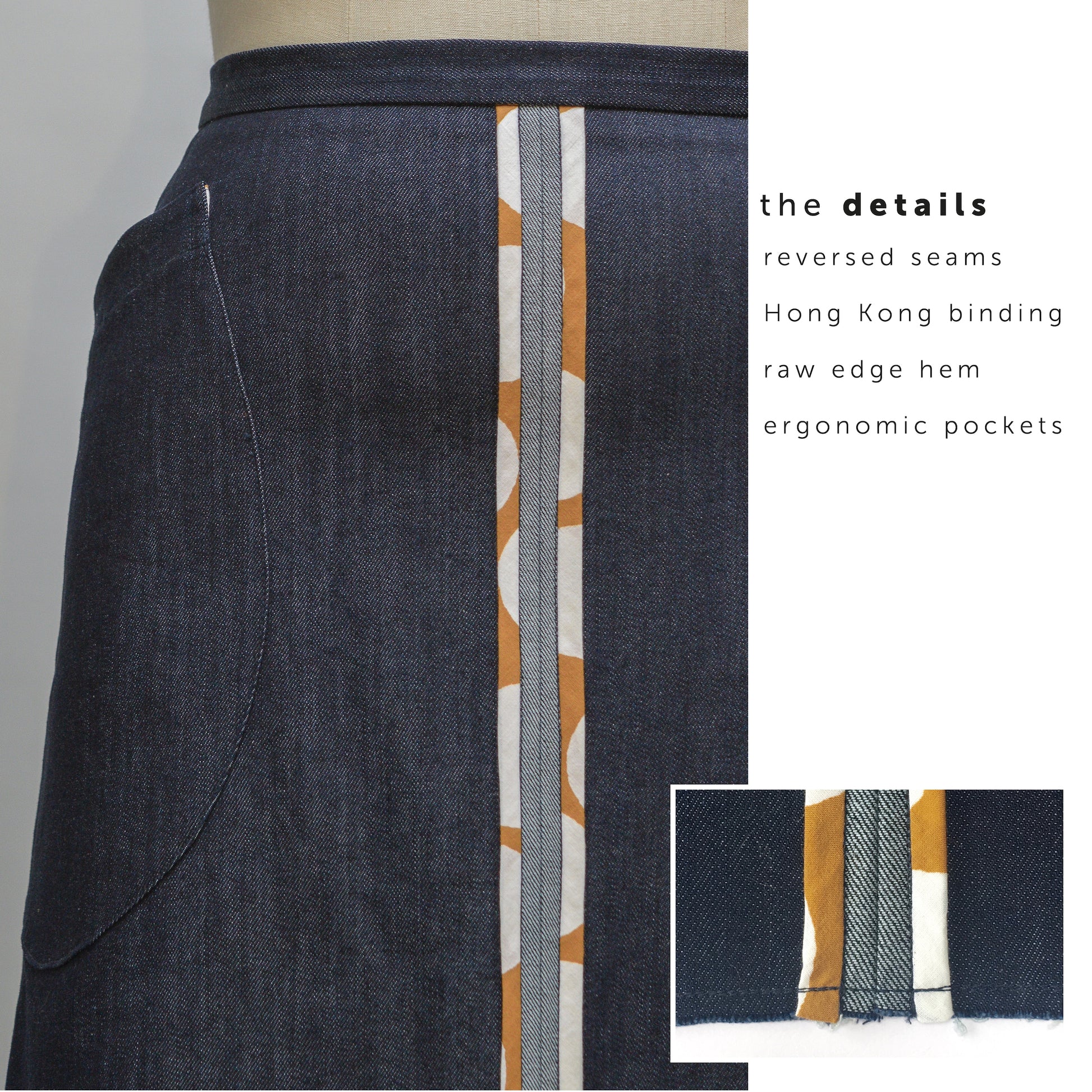 The Good Times Skirt with huge pockets, denim skirt sewing pattern. indie sewing patterns, contemporary and modern sewing patterns made in the UK.