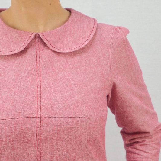 The Kitty Dress sewing pattern with a peter pan collar and long sleeve. Indie sewing patterns, contemporary and modern sewing patterns made in the UK.