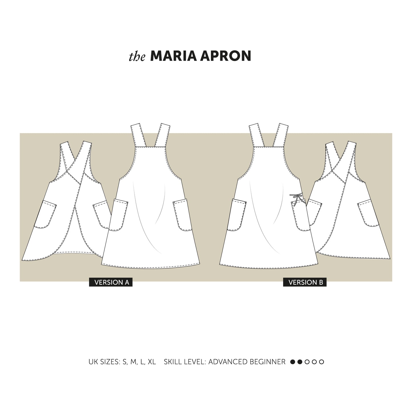 Line Drawing of The Maria Apron sewing pattern, Japanese style cross back apron pattern indie sewing patterns, contemporary and modern sewing patterns made in the UK.