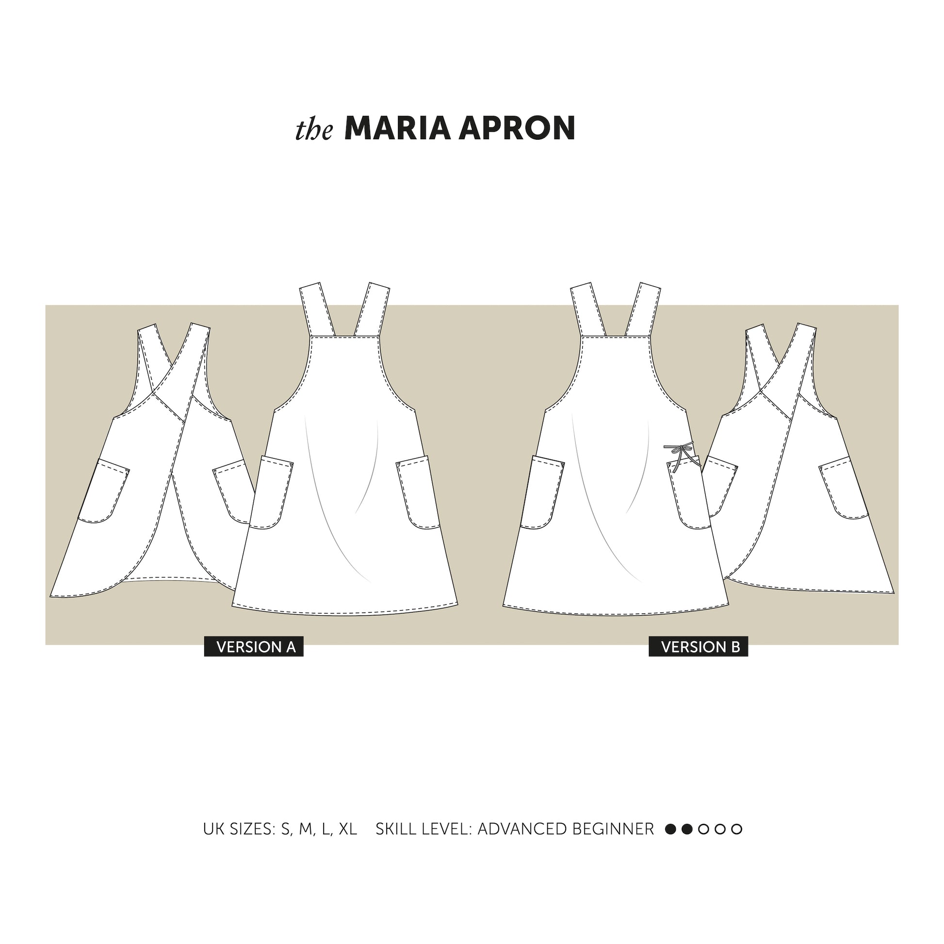 Line Drawing of The Maria Apron sewing pattern, Japanese style cross back apron pattern indie sewing patterns, contemporary and modern sewing patterns made in the UK.