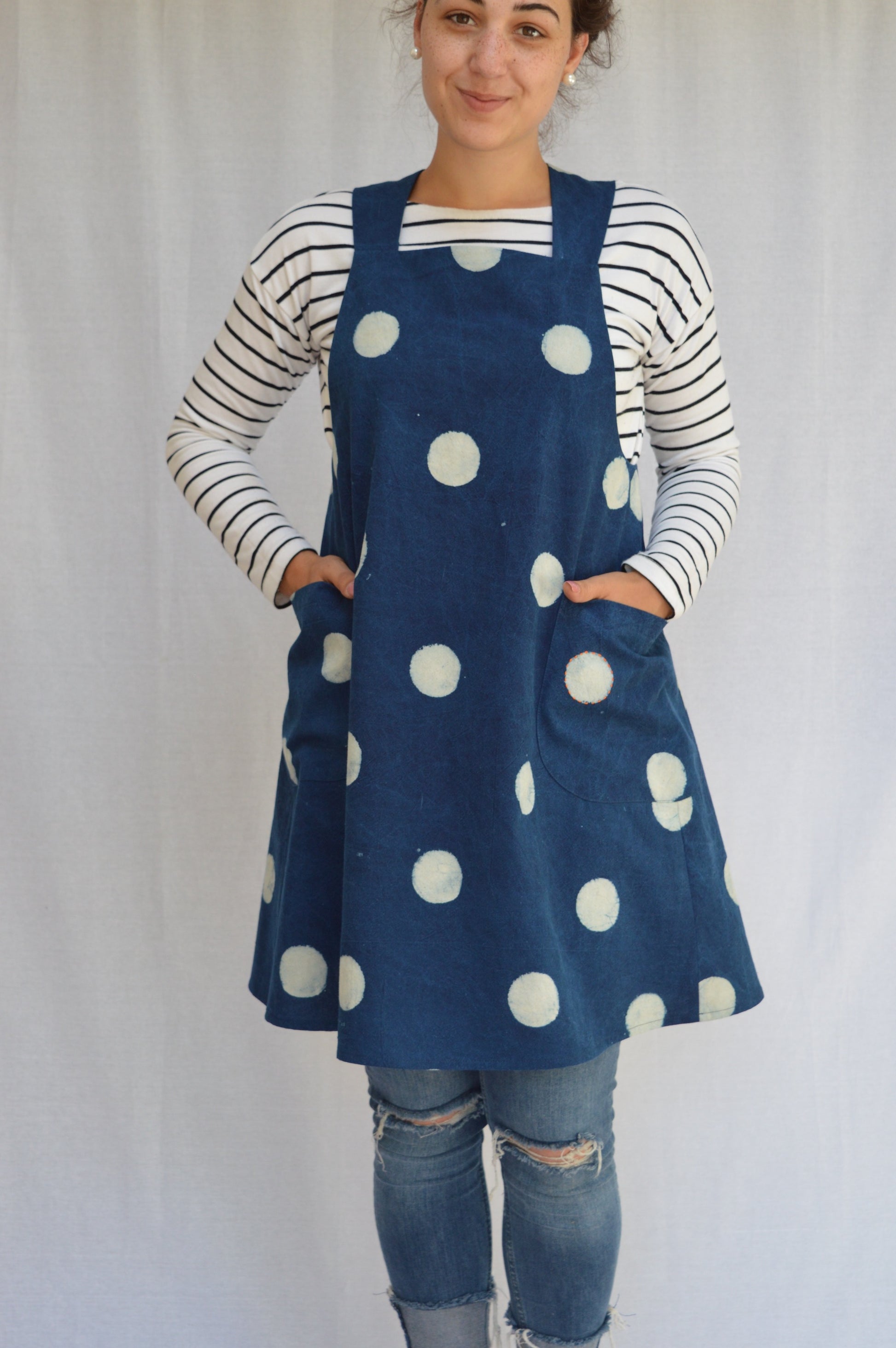 Maria Apron sewing pattern, cross-back maker's apron made in indigo spot merchant and mills fabric