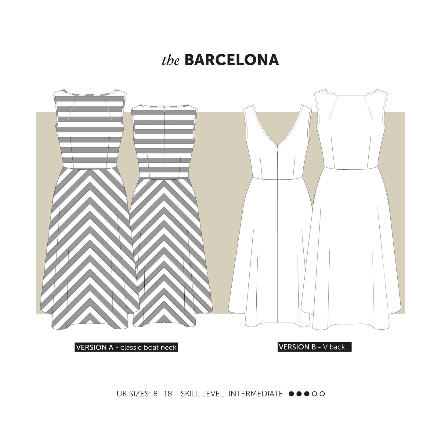The Barcelona sewing pattern is the perfect dress to take you from day to evening with 2 bodice options – a classic boat neck or a sassy V back.  Indie sewing patterns, contemporary and modern sewing patterns made in the UK.