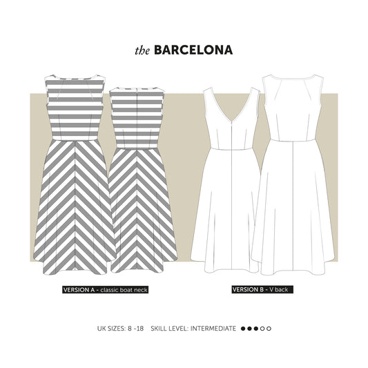 The Barcelona sewing pattern is the perfect dress to take you from day to evening with 2 bodice options – a classic boat neck or a sassy V back.  Indie sewing patterns, contemporary and modern sewing patterns made in the UK.