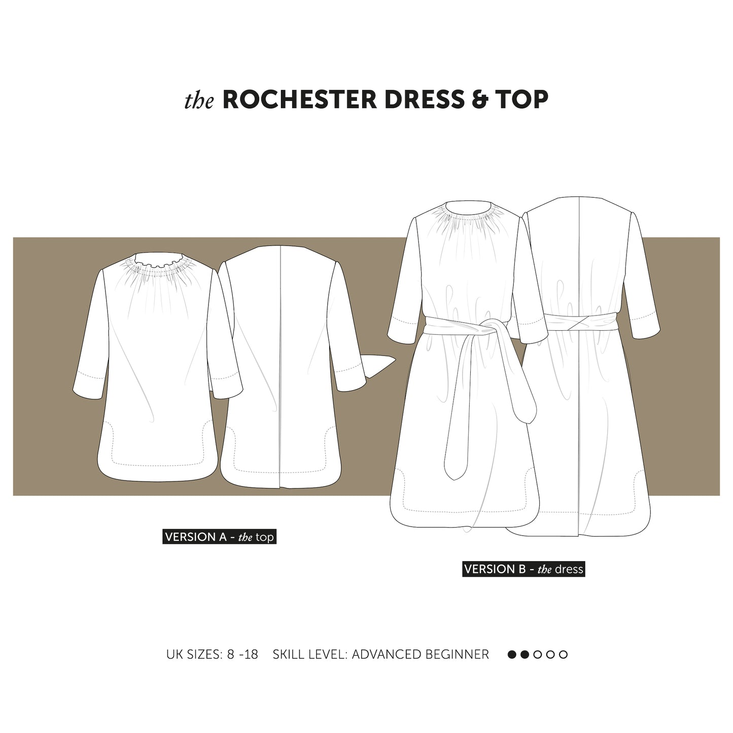 VERSION A | The Rochester Top is mid-hip length and great to wear with jeans. VERSION B | The Rochester Dress is knee length with a self-tie belt and in-seam pockets. Indie sewing patterns, contemporary and modern sewing patterns made in the UK.