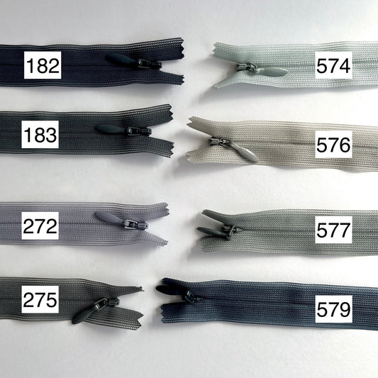 YKK Lightweight Invisible zip in grey shades - 66cm (26") length, Lightweight invisible, concealed zip with closed-end for dressmaking.