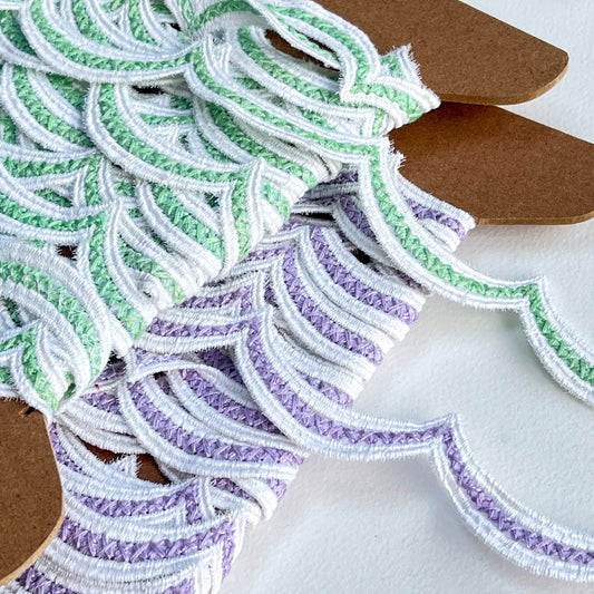 Very pretty 2 toned scalloped guipure lace edging trim available in two pastel colours - minty green or lovely lilac!