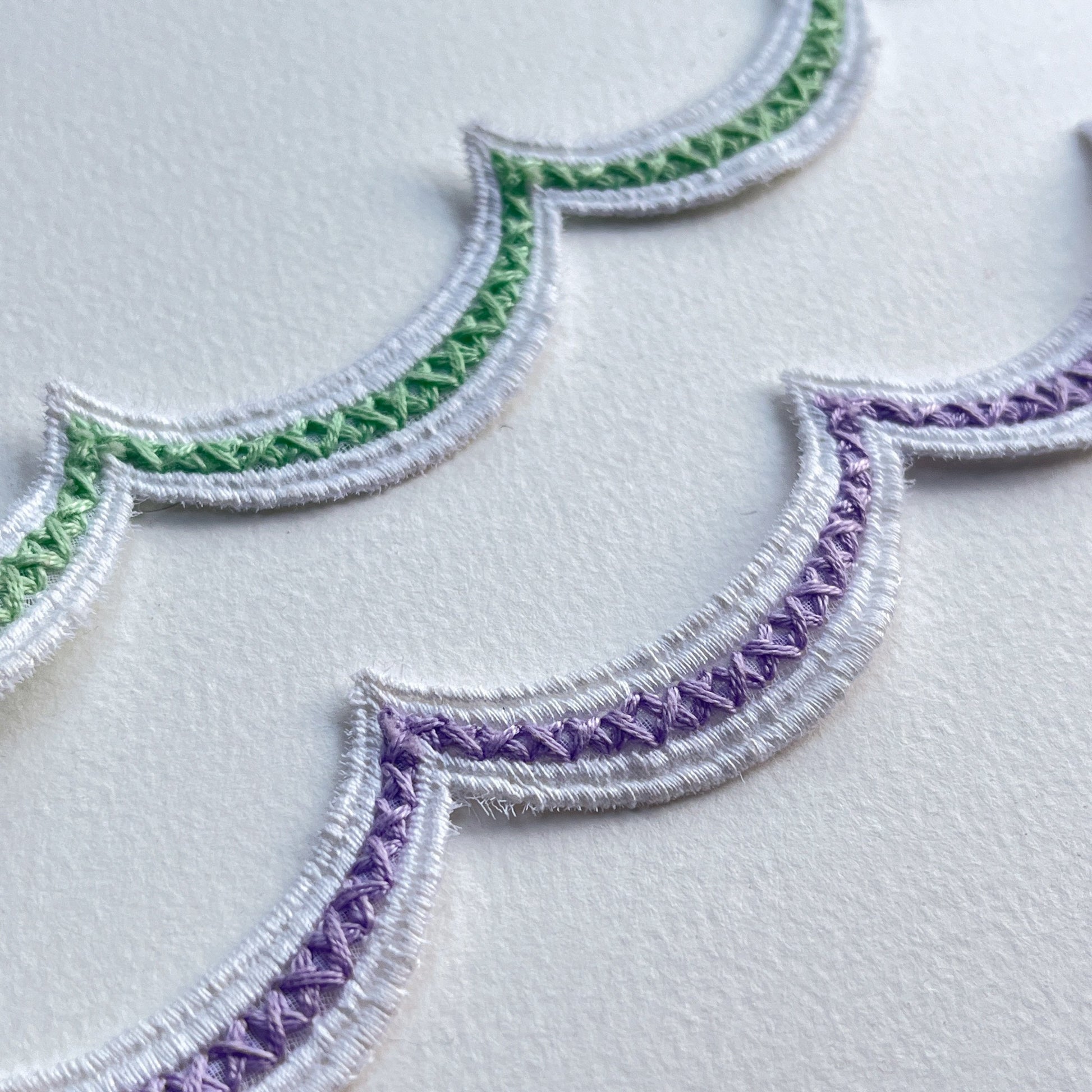 Scalloped edge lace trim - mint and lilac - Kleins Haberdashery