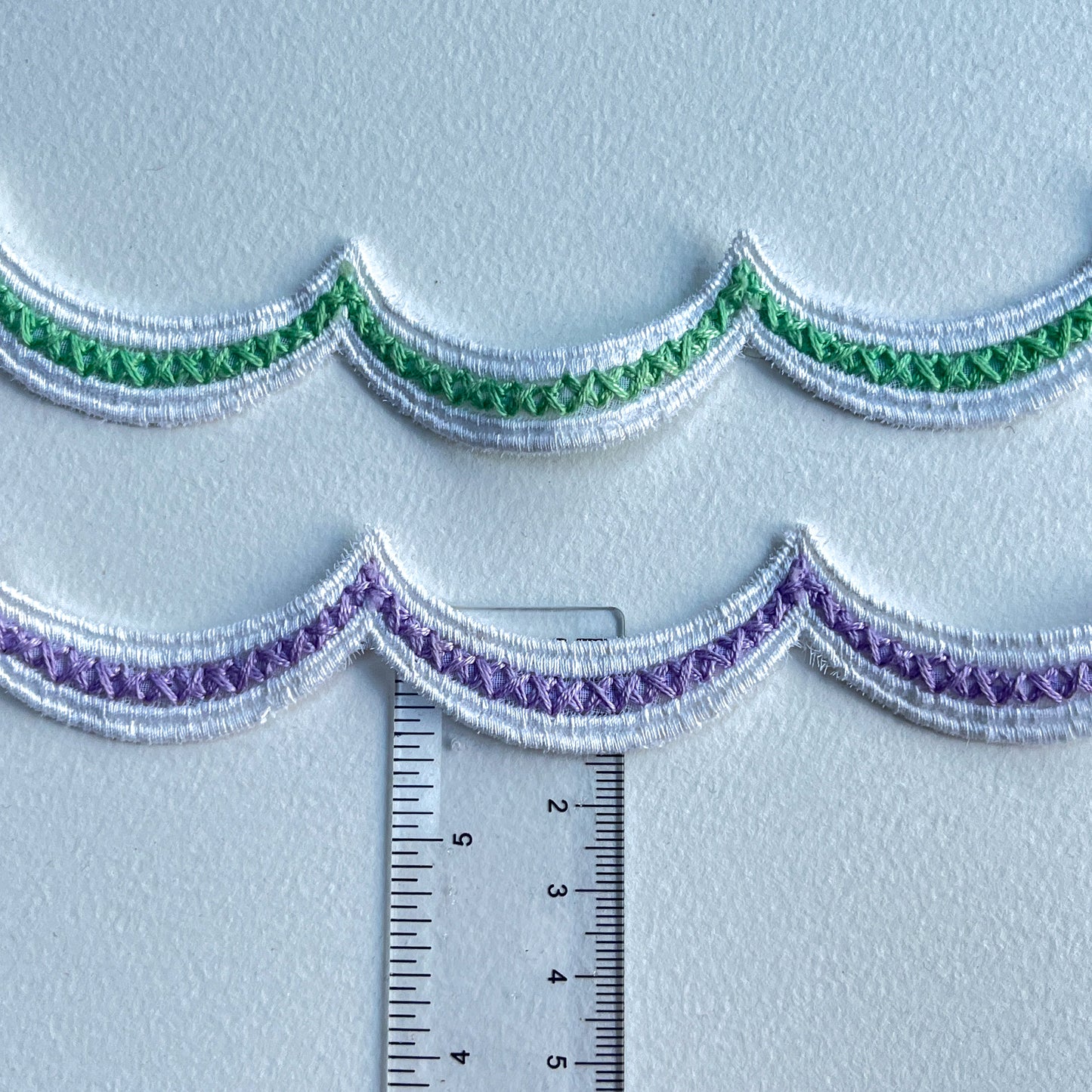 Very pretty 2 toned scalloped guipure lace edging trim available in two pastel colours - minty green or lovely lilac!