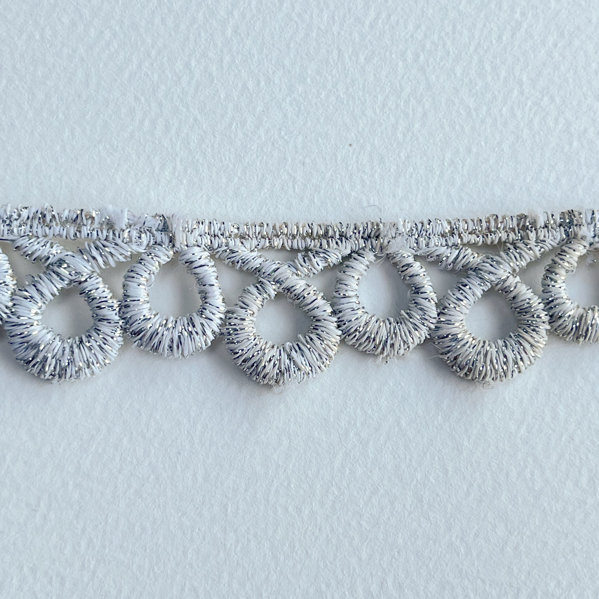 Lurex Guipure Lace Trim - silver. Luxury lurex lace edging trim with elegant loop design